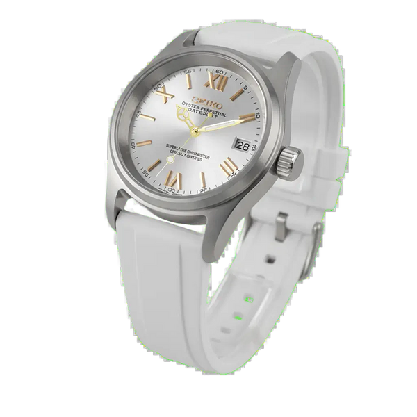 Seiko mod blanc cadran roman doré détourée sur fond transparent, mouvement automatique NH35
