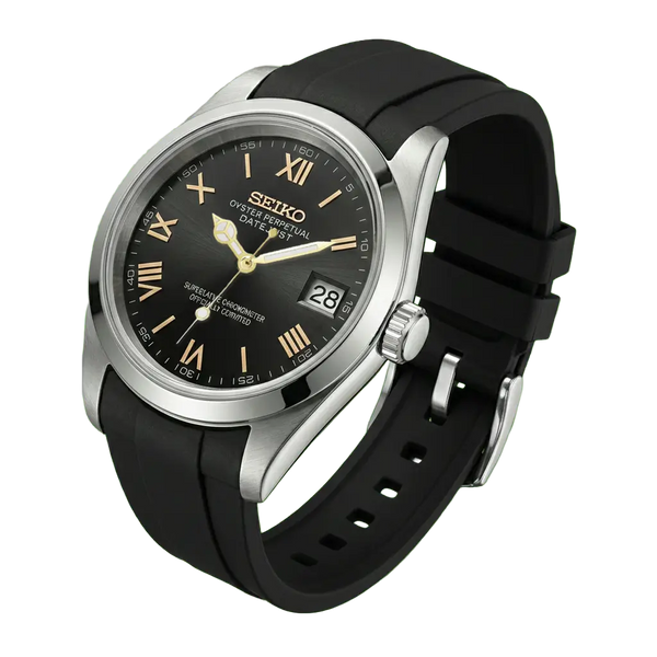 Seiko mod noir cadran roman doré détourée sur fond transparent, mouvement automatique NH35