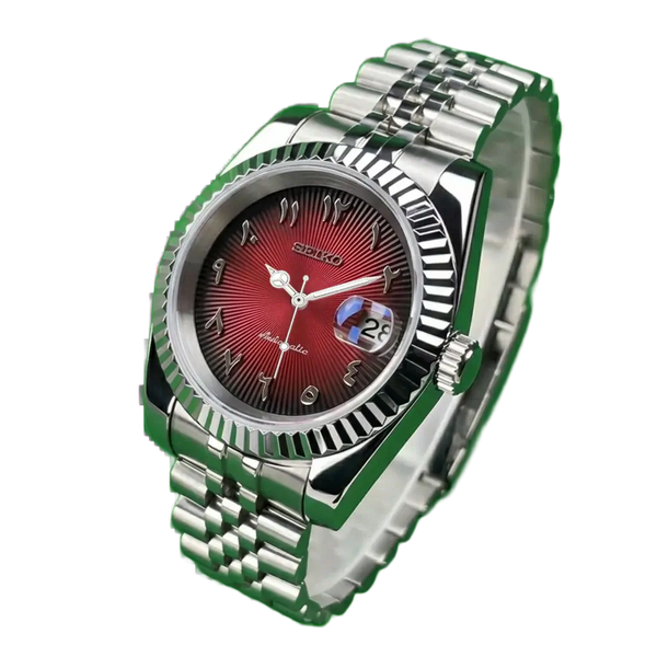 Seiko mod Burgundy Sunburst détourée sur fond transparent, mouvement automatique NH35