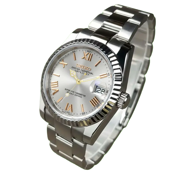 Seiko mod White Roman Gold détourée sur fond transparent, mouvement automatique NH35