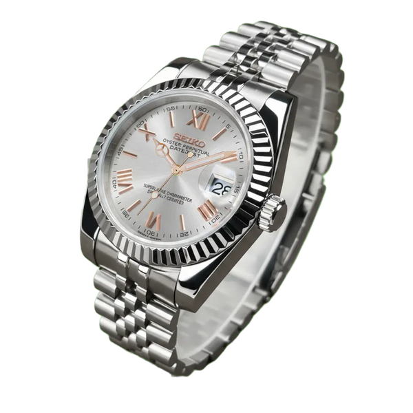 Seiko mod Datejust White Roman Rose Gold détourée sur fond transparent, mouvement automatique NH35