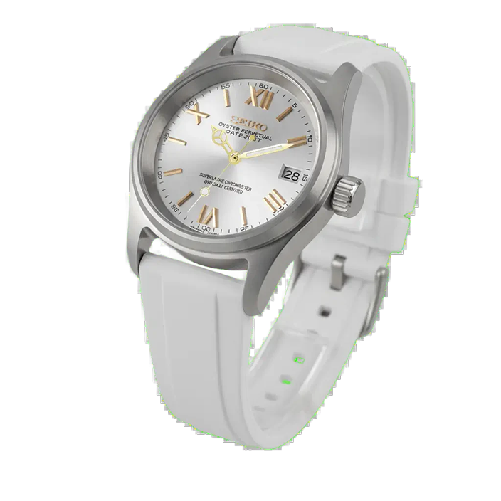Seiko mod blanc cadran roman doré détourée sur fond transparent, mouvement automatique NH35