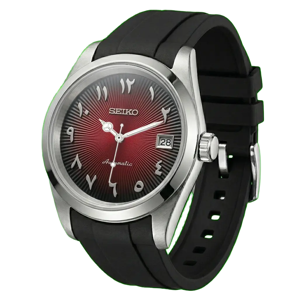 Seiko mod Crimson Date cadran rouge chiffres arabes détourée sur fond transparent, mouvement automatique NH35