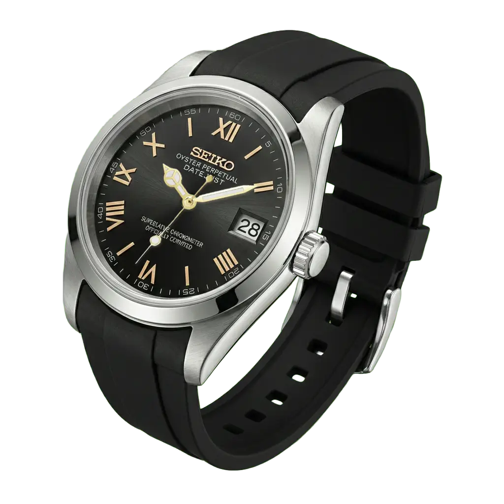Seiko mod noir cadran roman doré détourée sur fond transparent, mouvement automatique NH35
