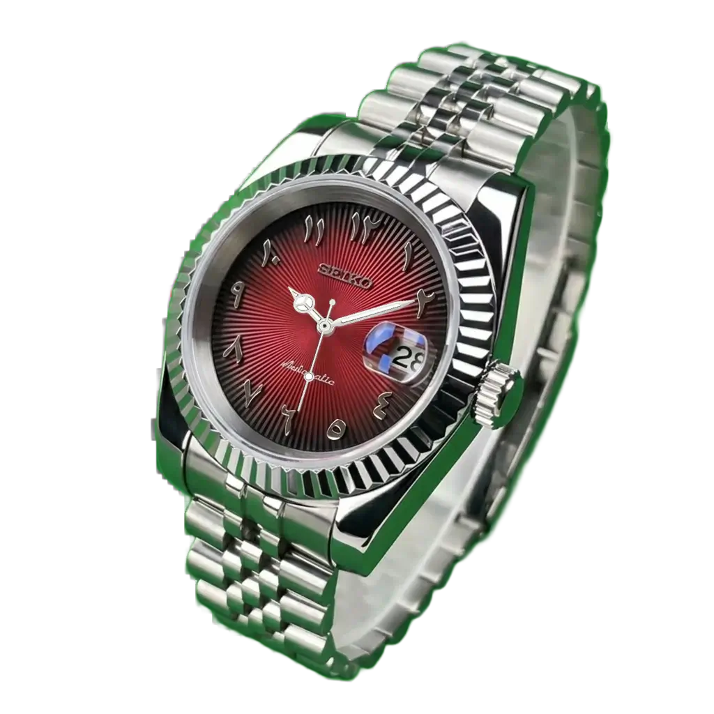 Seiko mod Burgundy Sunburst détourée sur fond transparent, mouvement automatique NH35