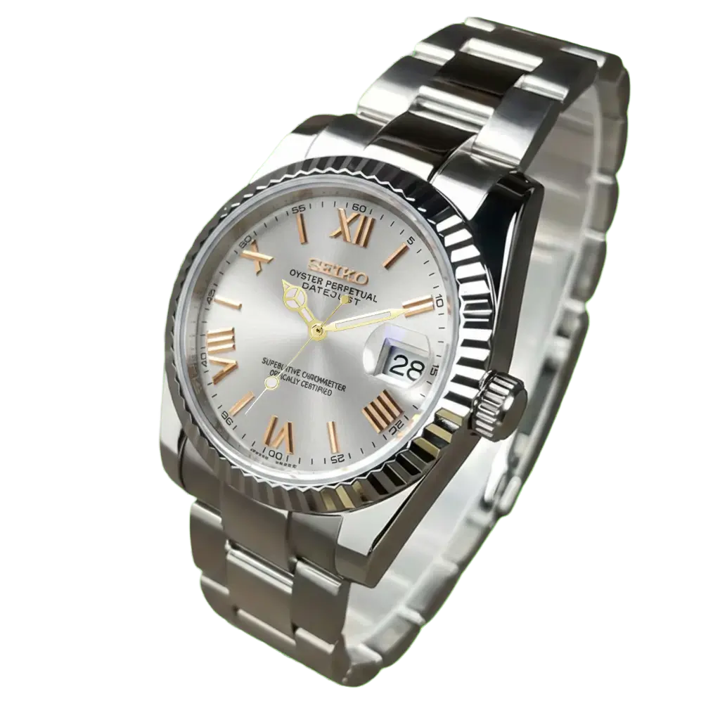 Seiko mod White Roman Gold détourée sur fond transparent, mouvement automatique NH35