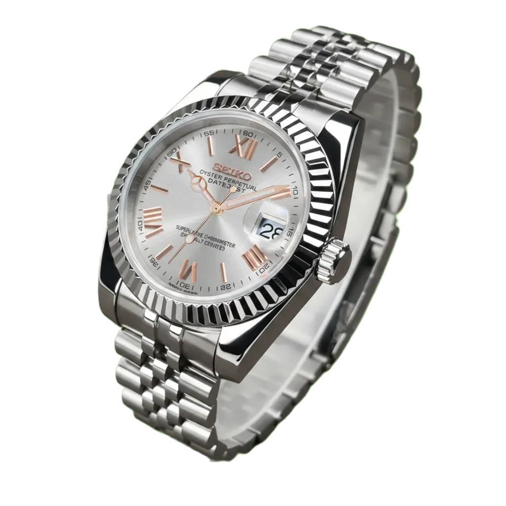 Seiko mod Datejust White Roman Rose Gold détourée sur fond transparent, mouvement automatique NH35